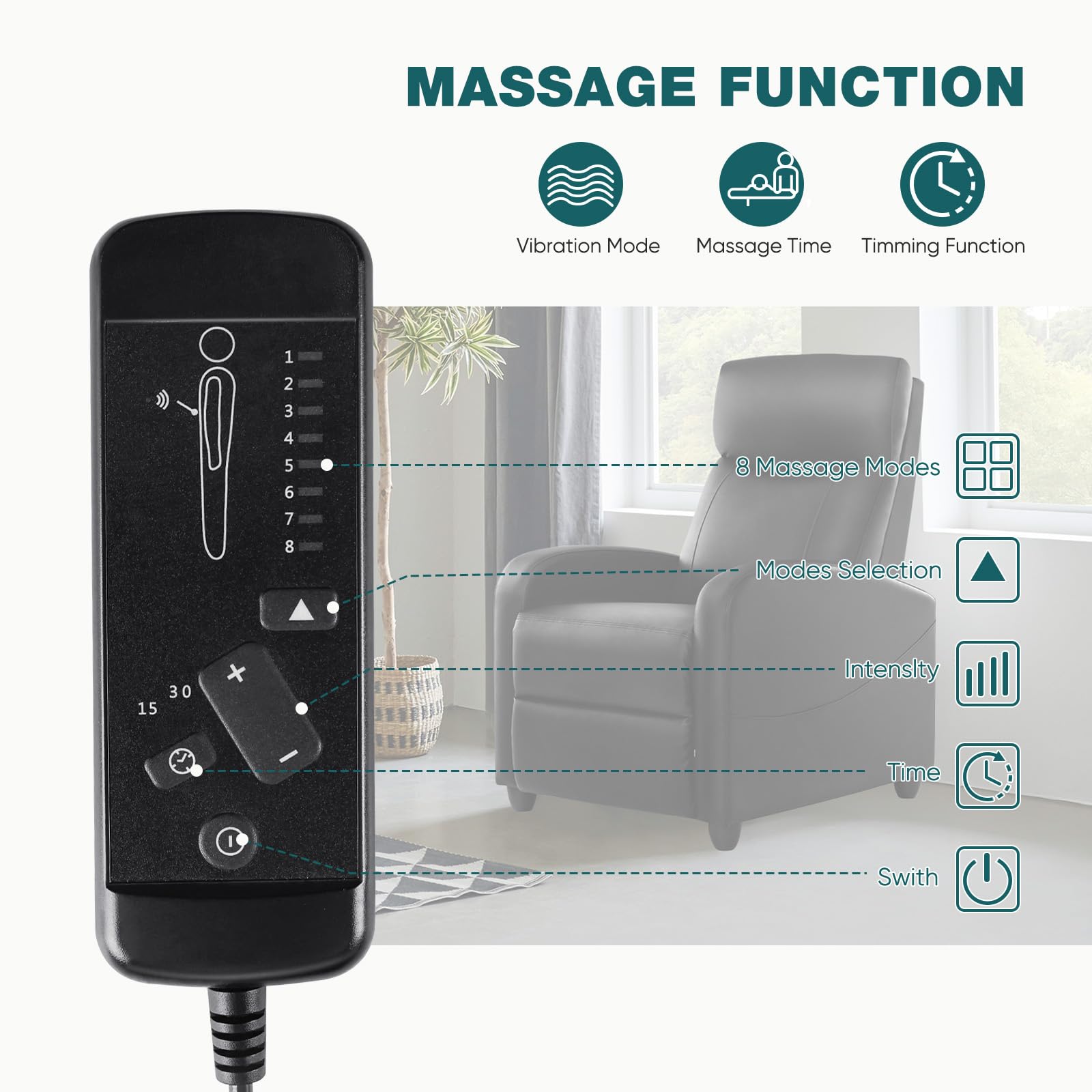 Silla reclinable para sala de estar, sillones reclinables de cuero, asientos de cine en casa con soporte lumbar con respaldo y reposapiés ajustables, muebles modernos de sala de estar con respaldo acolchado, negro