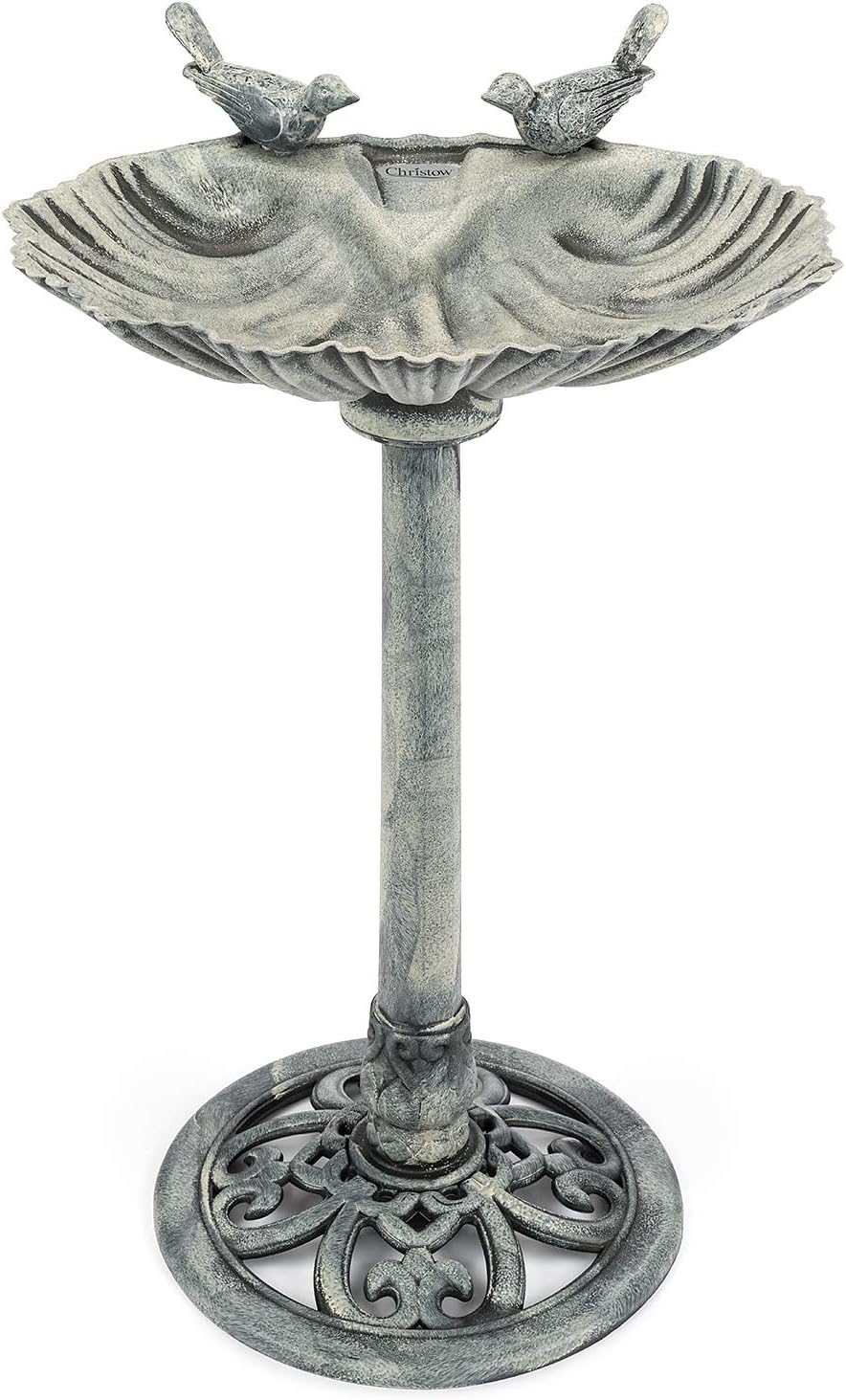 CHRISTOW Clam Shell Resin Bird Bath Grey 80cm Garden Pedestal Standing