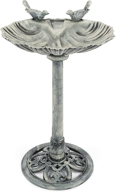 CHRISTOW Clam Shell Resin Bird Bath Grey 80cm Garden Pedestal Standing