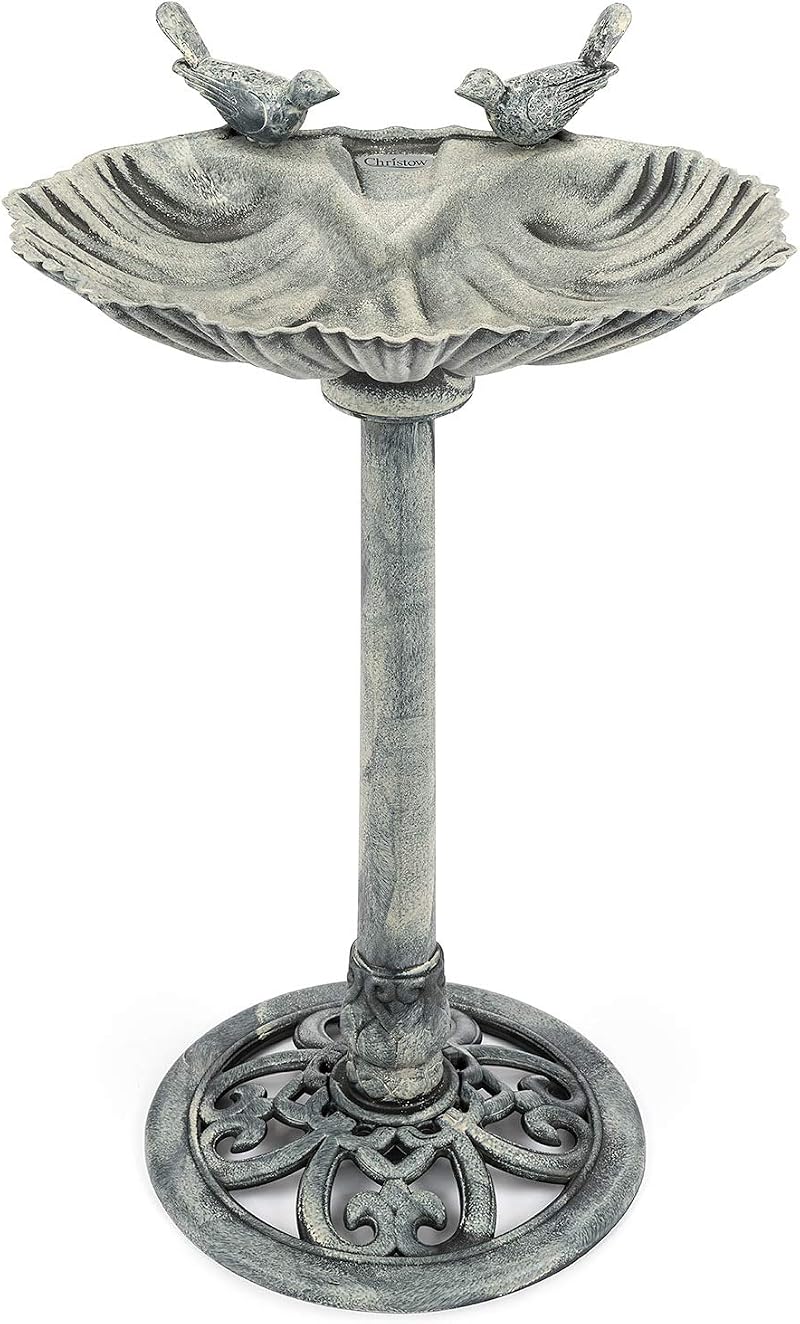 CHRISTOW Clam Shell Resin Bird Bath Grey 80cm Garden Pedestal Standing