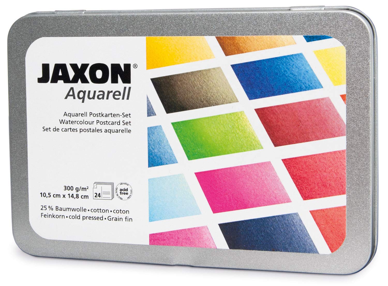Jaxon 15469 Honsell 15469-Jaxon Watercolour Postcard Set in Metal Box, Cards Made of Acid Watercolour Cardboard, Fine Grained 300 g/m² in DIN Format, Back Printed with Address Field A6, 24 Sheets