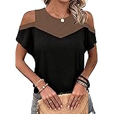 Hilinker Women's Cut Out Cold Shoulder Tops Summer Color Block Short Sleeve Sexy Shirts
