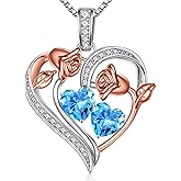 Iefil Birthstone Necklace for Women - 925 Sterling Silver Rose Heart Necklace, Birthstone Jewelry, Anniversary Birthday Gifts for Wife Girlfriend Mom Daughter