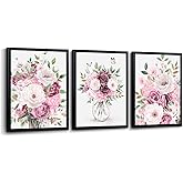 sechars Floral Wall Art Pink Rose Botanical Prints Black Framed Flower Paintings Modern Pink and White Gril Bathroom Bedroom Decor