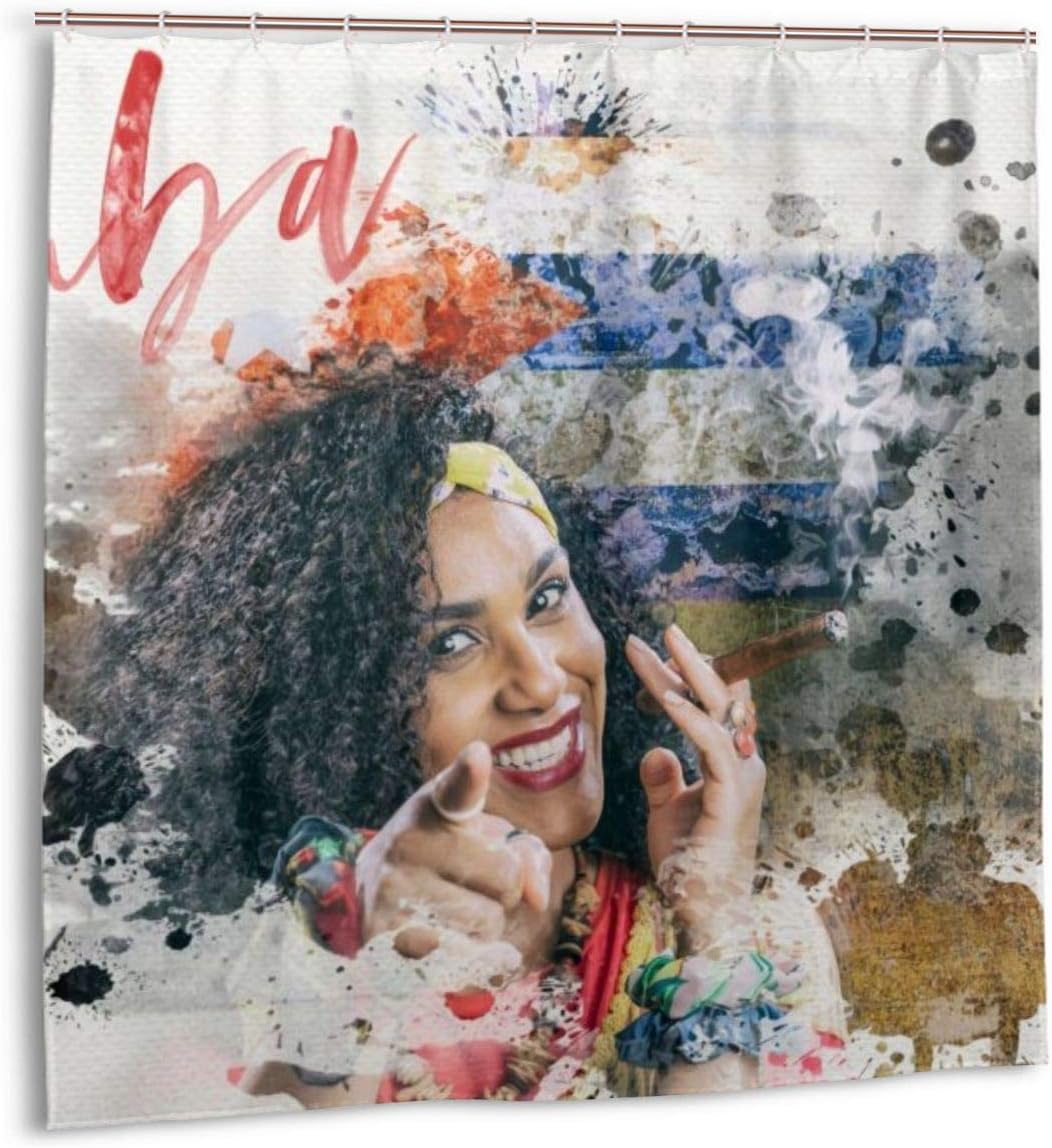 LarissaHi Shower Curtain,Beautiful Cuban Woman Smoking Cigar Watercolor Painting Stock Photo Bath Curtain Set with Hooks