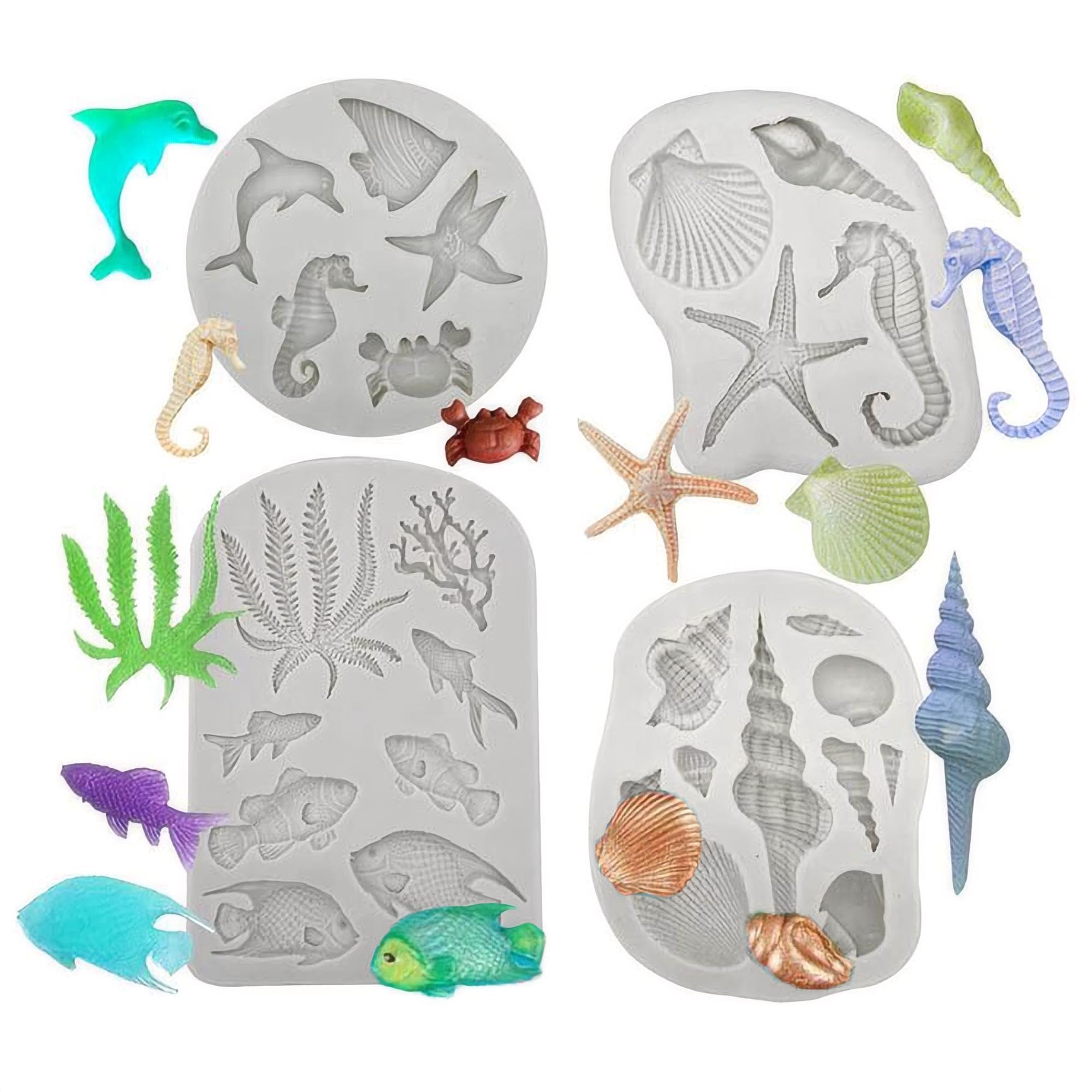 Winmiya 4Pcs Marine Theme Silicone Mould Set - Sea Shells and Mermaid Cake Decorating Tools for DIY Fondant, Chocolate, Candy, Soap