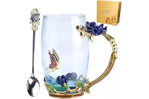 Glass Mug Set Handmade Enamel Butterfly and Blue Rose Flower Tea Cups with Handle, Unique Personalized Birthday Present Ideas