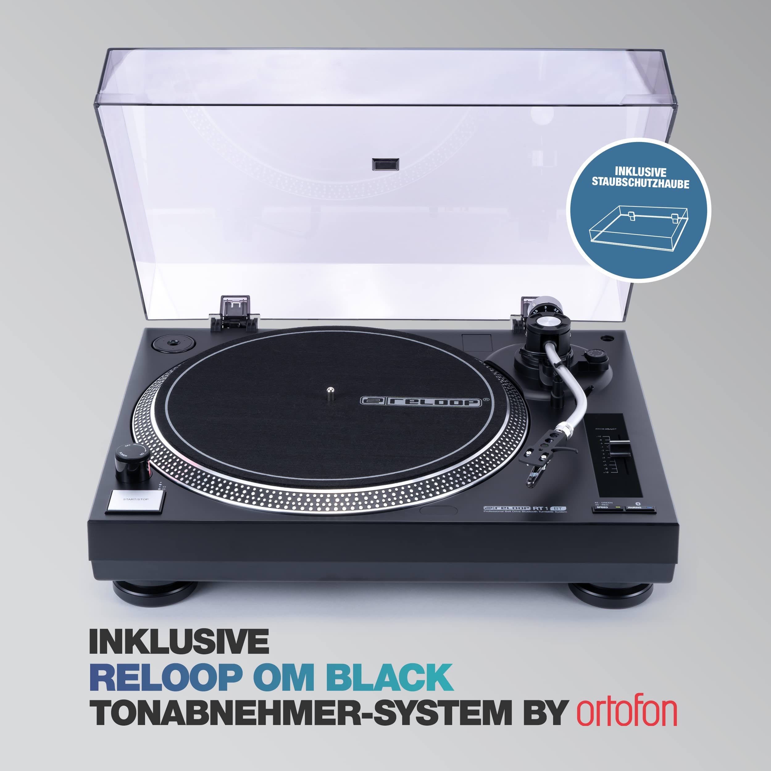 Reloop RT-1 BT Plattenspieler mit Riemenantrieb für DJ- und HiFi-Anwendungen, Bluetooth-Ausgang zur kabellosen Verbindung mit Bluetooth-Lautsprechern, Vormontiertes Ortofon Magnet-Tonabnehmer-System 4