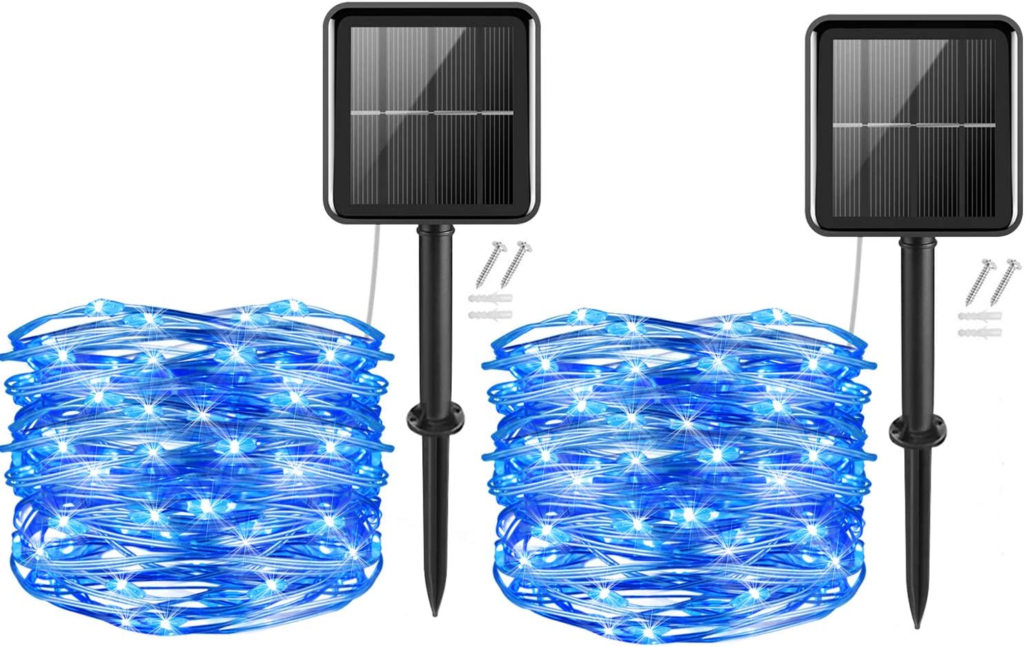cshare Solar String Lights,2Pack 50LEDs Garden Solar Lights 16Ft/5m 8 Modes Waterproof Silver Wire Fairy Lights for Tree Patio Yard Wedding Pathway Christmas Garden in-Outdoor Decorations(Blue)