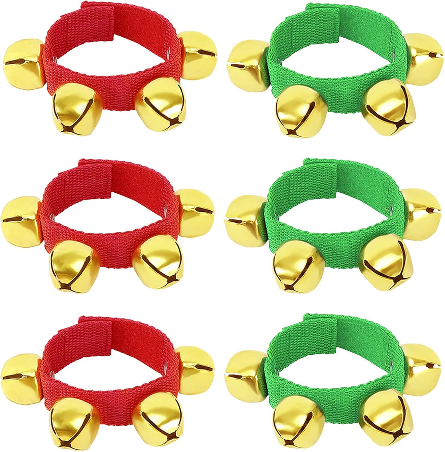 Augshy 6 Packs Christmas Wristbands Jingle Bells with Gold Bells, Bracelet Ankle Bells Musical Instruments Kids Party Favor Toys (3 Red and 3 Green)