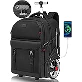 MATEIN Rolling Backpack for Men with Wheels, 17 Inch Large Wheeled Backpack with USB Charging Port & Combination Lock, Water Resistant Anti Theft Travel Laptop Backpack for Adults Work Business, Black