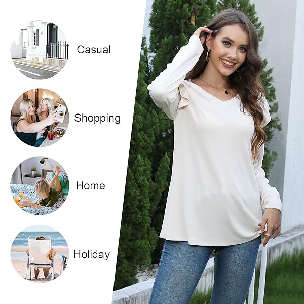 ADDTOO WOMEN’S FALL TUNIC TOPS CASUAL RUFFLE SLEEVE TSHIRT PURPLE V NECK BLOUSE M