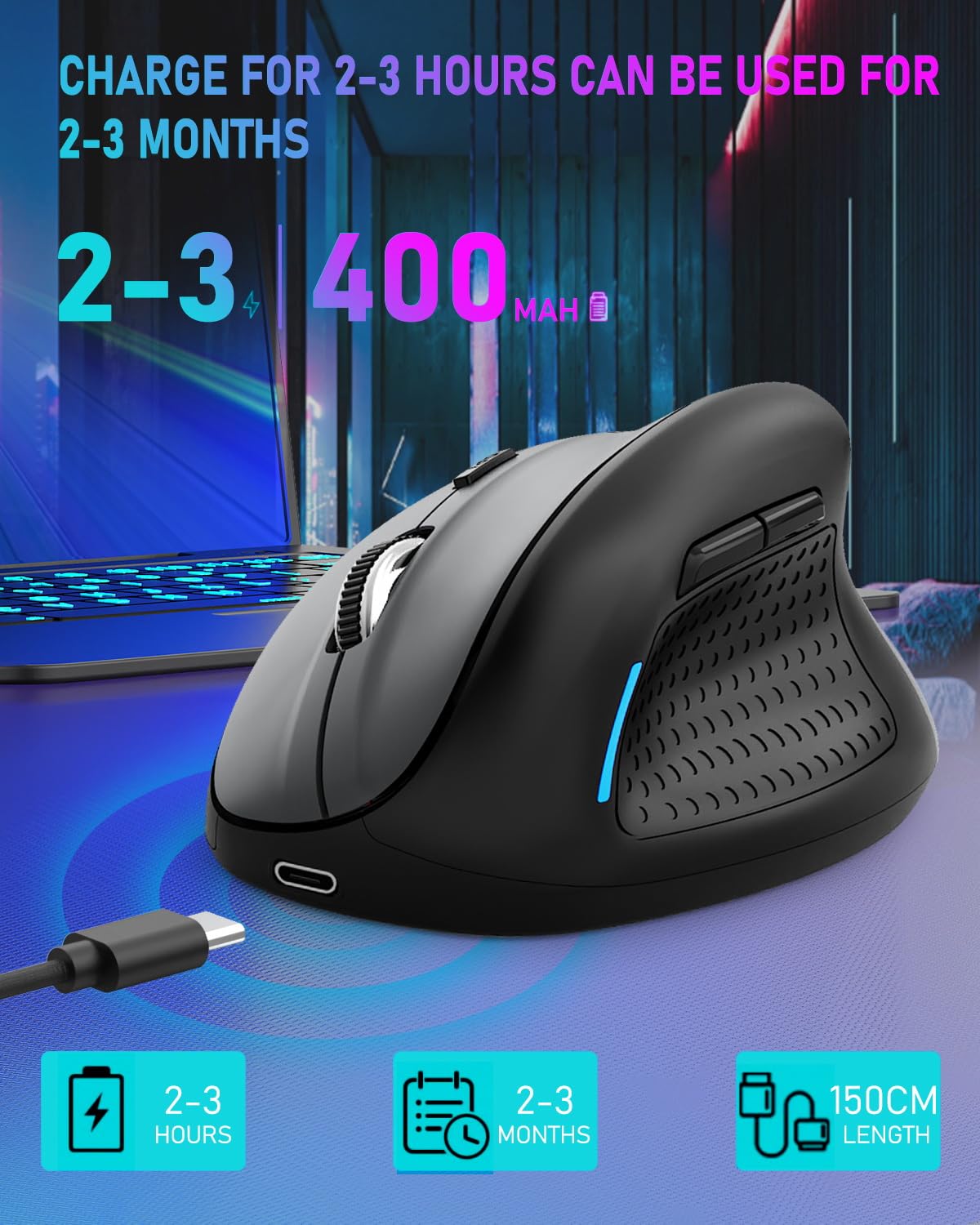 Ergonomic Mouse, E-YOOSO Wireless Vertical Mouse with 6 Buttons, 5 Adjustable DPI Levels, Up to 4800 DPI, 2.4G and Bluetooth Rechargeable Optical Vertical Mice for Windows, Mac, Laptop, Desktop (Gray)
