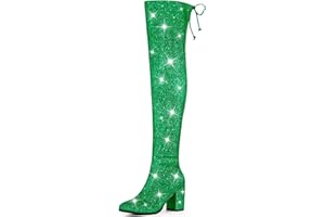 Allegra K Women's Glitter Boots Round Toe Chunky Heel Over the Knee High Boots