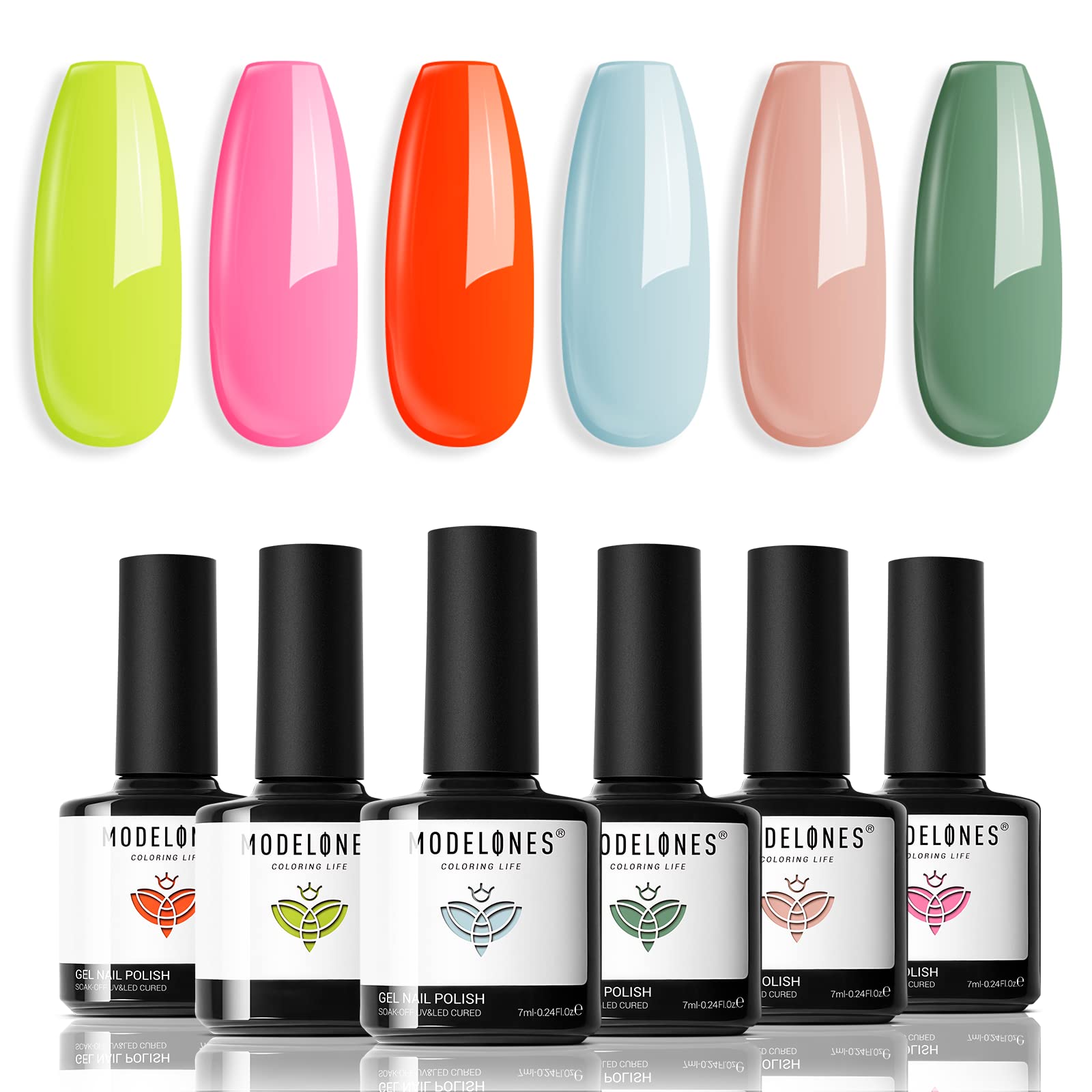 modelones Gel Nail Polish Set - 6 Colors Neon Bright Gel Polish Kit 2024 Summer Pink Neon Yellow Orange Nail Polish Gel Sage Green Blue Gel Nail Kit Soak Off LED Rainbow Festival Gifts for Girls Women