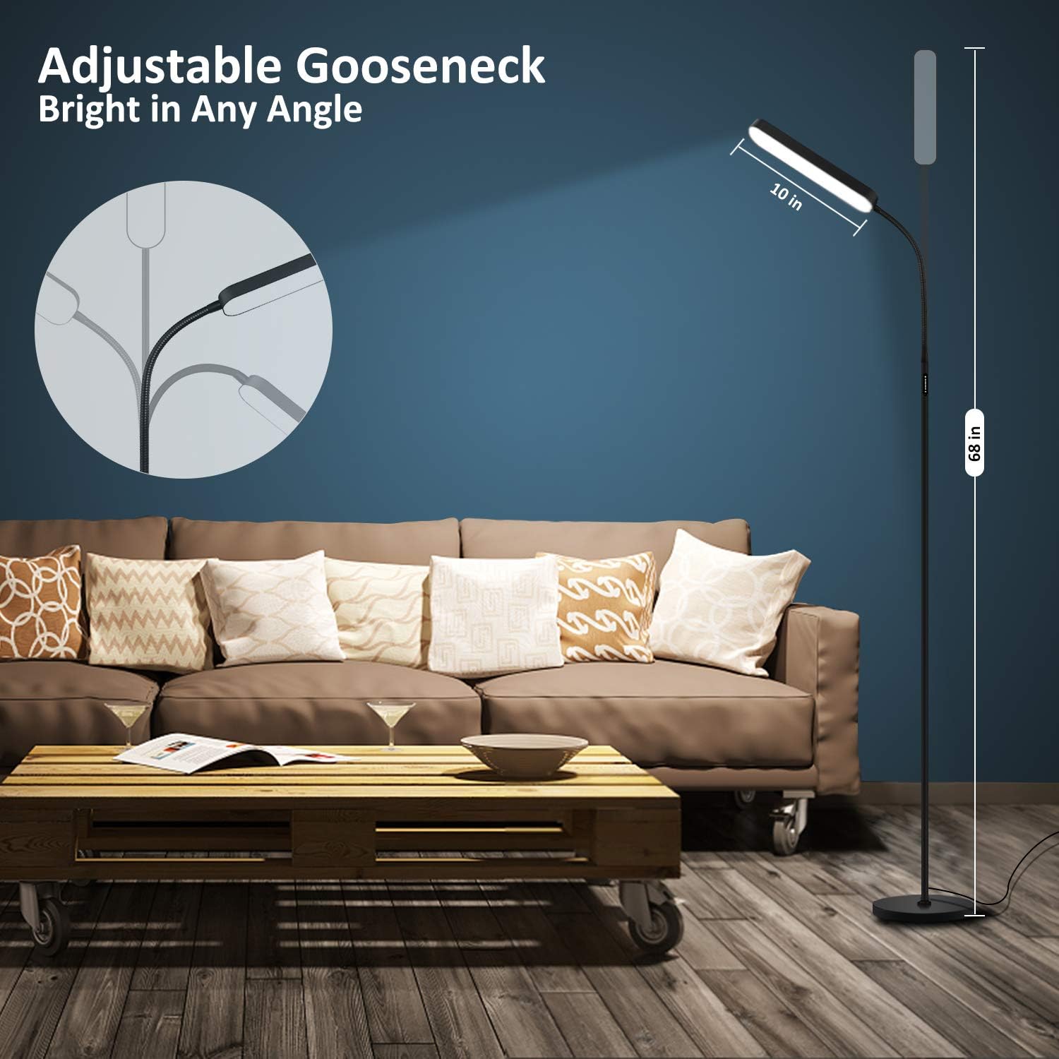 Led Floor Lamp with 4 Color Temperature and Stepless Dimmer, Remote and Touch Control Floor Lamp, Adjustable Gooseneck Standing Lamp for Living Room - - 