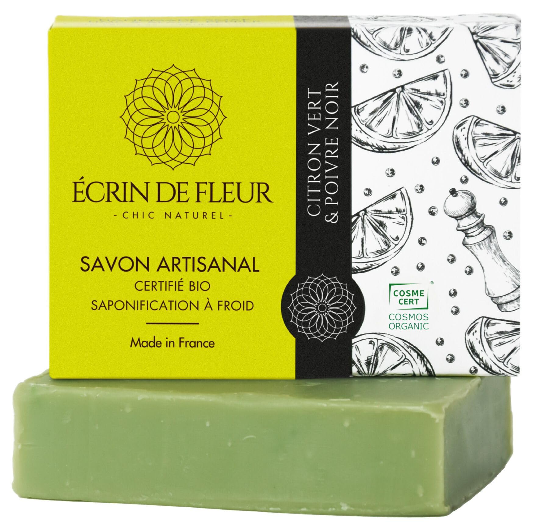 Écrin de Fleur - Organic Handmade Lime & Black Pepper Soap Bar: Invigorating Blend of Refreshing Citrus and Spicy Warmth, Stimulating and Awakening Body & Soul, 1x90g