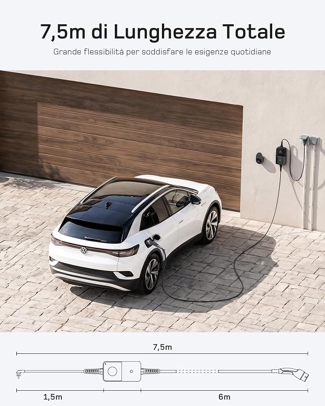 3,7kW Typ 2 Ladekabel Schuko mit APP, EV Charger mit 7,5m Kabel, 6-16A