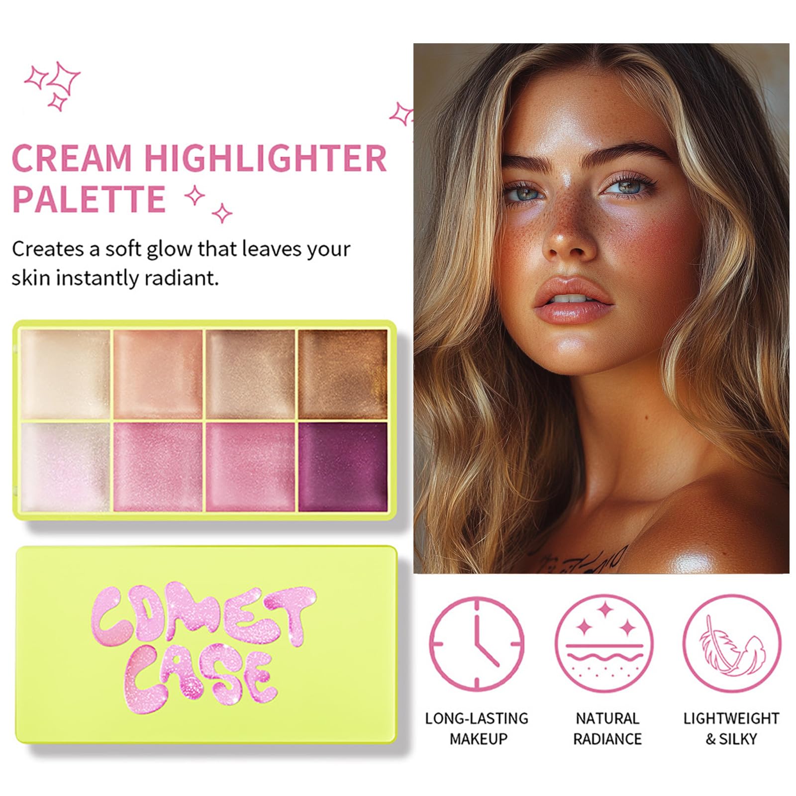 Highlighter Curve Comet Case, 8 Colors Cream Highlighter Shimmer Glow Silver Gold Blossom Glowy Finish Makeup Palette