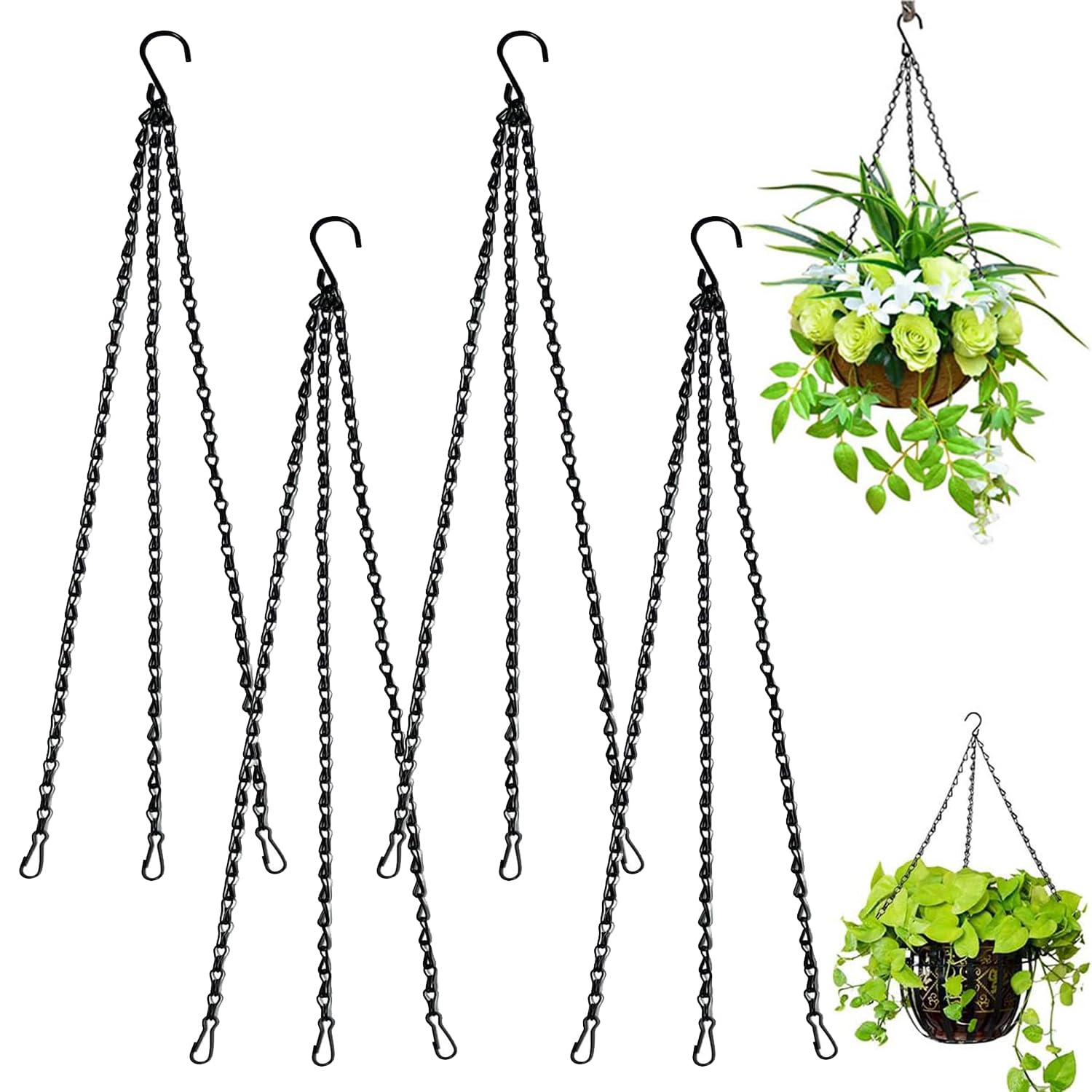 Norhogo 4 Pack 40cm hanging chains with clip & hook, Hanging Basket 3-Leg Chain Replacement Metal Chain Hanger with Hook and Clip for Lanterns, Bird Feeders, Planters and Other Ornaments