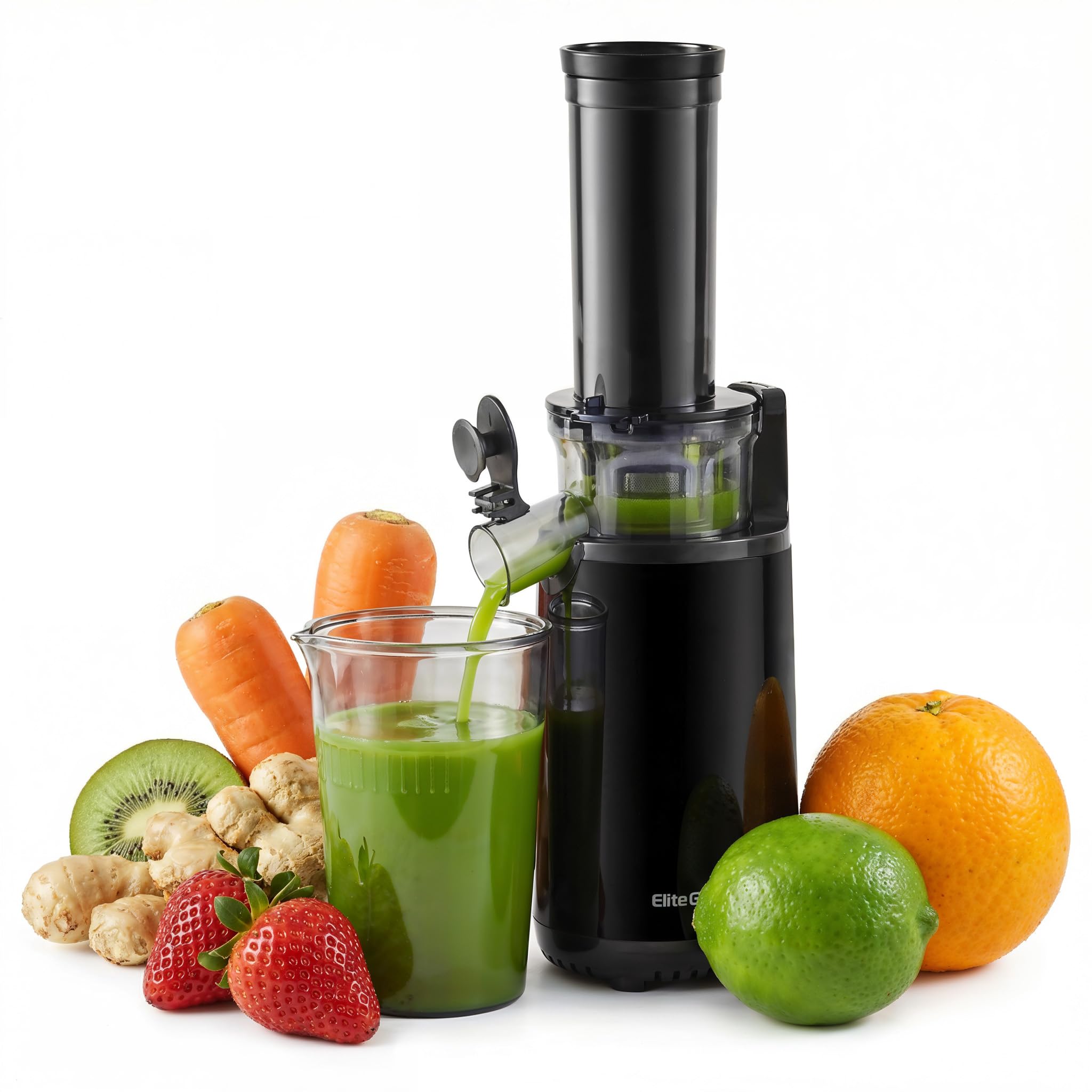 Photo 1 of Elite Gourmet EJX600 Mini Compact Small Space-Saving Masticating Slow Juicer Cold Press Juice Extractor, Nutrient and Vitamin Dense, BPA-Free Tritan, Easy to Clean, 16 oz Juice Cup, Charcoal Grey
