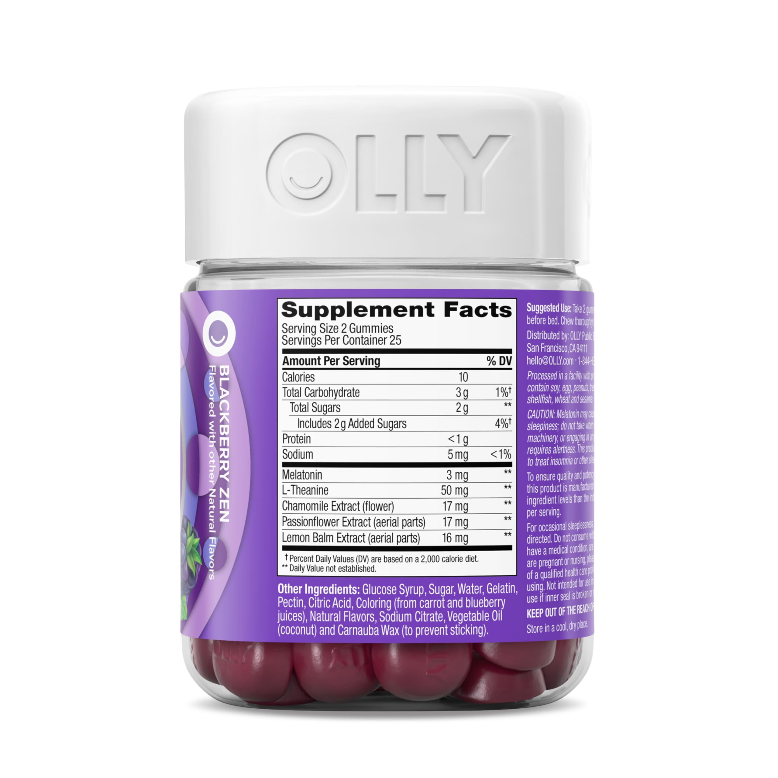 OLLY Restful Sleep Gummy Supplement with Melatonin & L-Theanine Chamomile, Blackberry Zen, 50 Gummies (25 Day Supply) Supports a Healthy Sleep Cycle* (Packaging May Vary)