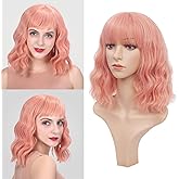 Lovely Pink Wig with Bangs for White Women, Short Wavy Bob Wig Colorful Shoulder Length, Pastel Colored Cosplay Wig Synthetic Wigs