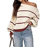 Verdusa Women's Oversized Off The Shoulder Sweater Chunky Knit Striped Long Sleeve Pullover Tops Fall Clothes