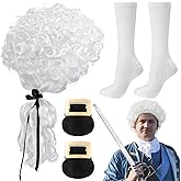 Giegxin 3 Pieces Halloween Colonial Costume Founding Father Historical Judge Cosplay Accessories Set Includes White Wig Colonial White Socks Shoe Buckles for Adults Party Cosplay