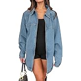 Tankaneo Womens Oversized Denim Jackets Casual Zip up Spring Long Sleeve Jean Jacket with Pocket