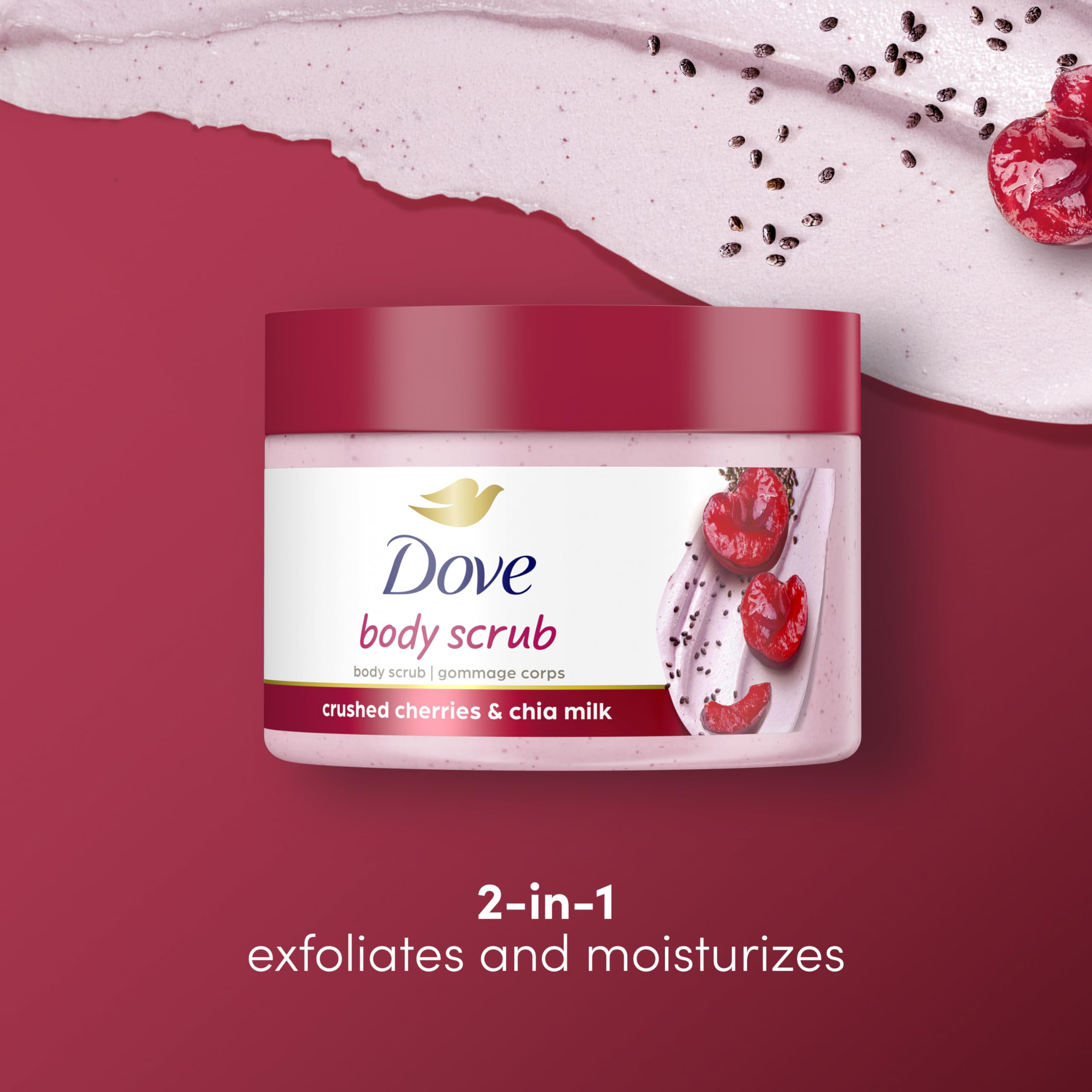 Dove Exfoliating Body Polish Crushed Cherries & Chia Milk Skin Care for Revitalized Skin Formulated with 1/4 Moisturizing Cream 10.5 oz