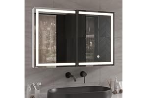 DICTAC Medicine Cabinet with Storage and Led Lights 35.4''x23.6'' Wall Bathroom Storage Cabinet with Double Doors Mirrors and 2 Outlets Lighted Medicine Cabinets Organizer with Mirror,White