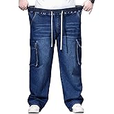 Mens Plus Size Cargo Jeans Relaxed Fit Stretch Denim Pants Drawstring Waist Big and Tall Jeans with Pockets 2XL-6XL