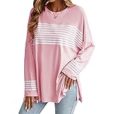 Famulily Womens Cute Striped Tunic Shirts Casual Long Sleeve Crewneck Shirt High Low Side Split Hem Loose Oversized Tees