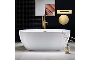 WOODBRIDGE 67" Acrylic Freestanding Bathtub Contemporary Soaking Tub, White Acrylic(Brushed Gold Drain/Overflow),BTA1528-BG