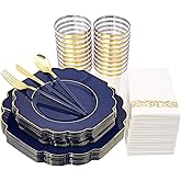 Nervure 140PCS Blue Plastic Plates & Gold Plastic Silverware with Blue Handle - Gold Plates Include: 40Plates, 20Forks, 20Knives, 20Spoons, 20Cups, 20Napkins Perfect for Party & Father's Day