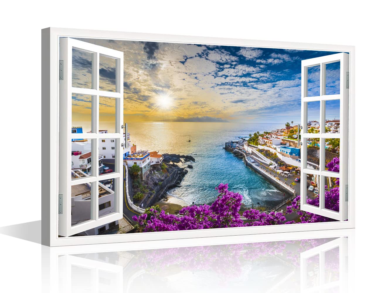 TISHIRON 3D Windows Effect Beach Canvas Wall Art Landscape View European Coastal Towns Fake Windows Beach Wall Art Sunset On Ocean Beach Picture Nature Landscape 16x24inch — image 1