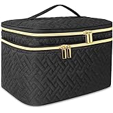 Loyzcy Makeup Bag Organiser for Women, Large Double Layer Cosmetic Make Up Bag with Brush Compartment, Portable and Water-Resistant Toiletry Bag Travel Essentials, Black