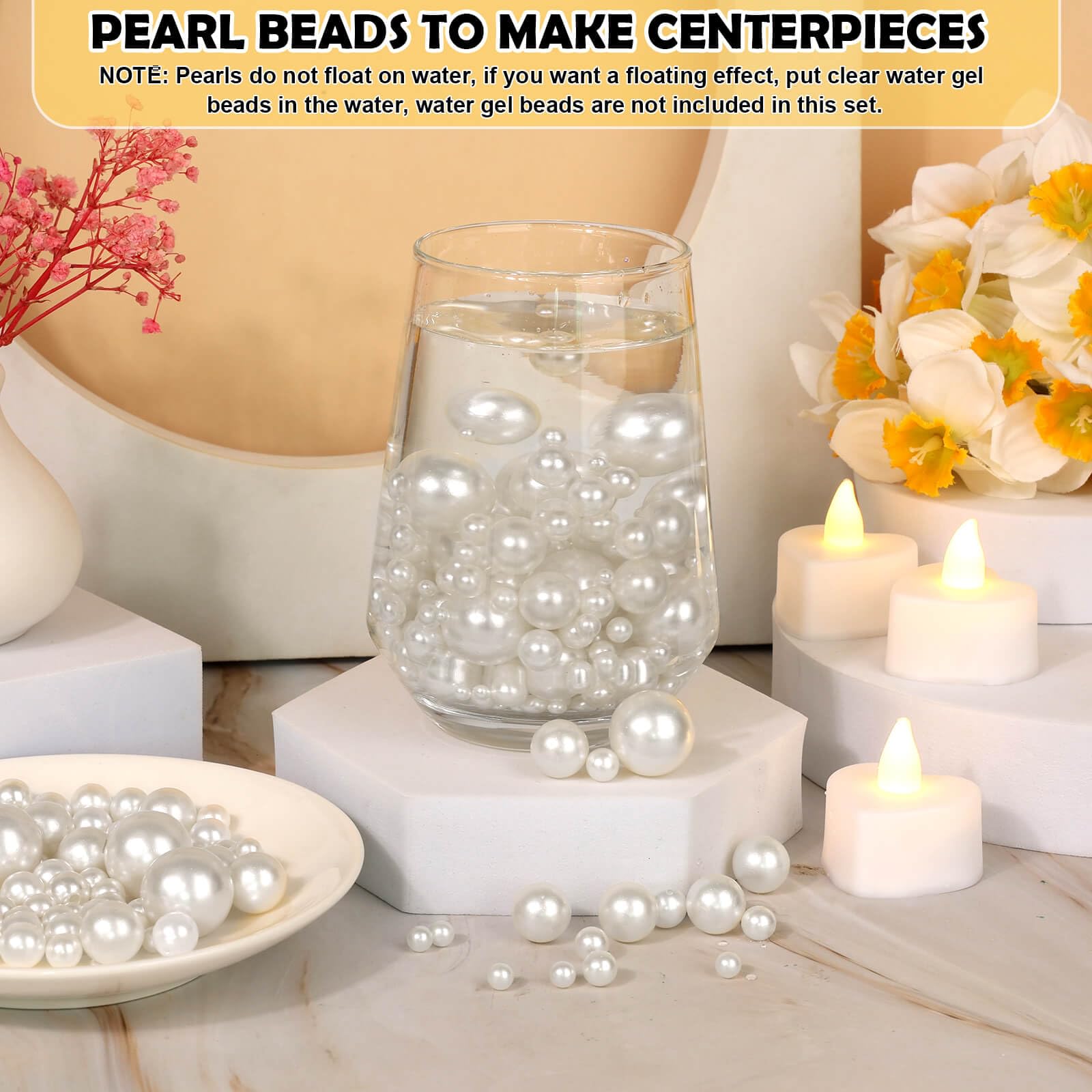 1470PCS Pearls for Crafting, Assorted Sizes Ivory No Hole Pearl Beads,Fake Pearls, Bulk for Floating Candles, Decoration, Vase Filler and Centerpieces