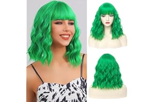 CLIONE Green Wig Colored Green Bob Wigs for Women Short Curly Wavy Wig with Bangs, Shoulder Length Green Short Bob Wig Women Girls Synthetic Wig Cosplay Party Halloween Wigs 14 inches