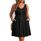 Holipick Women's Plus Size Summer Dresses for Women Casual Dress with Pockets A-Line Swing Button Down Sleeveless V Neck
