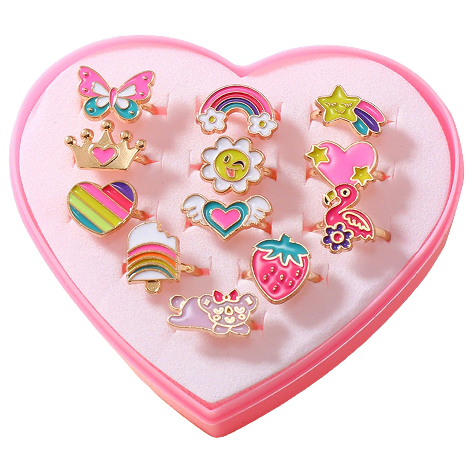 RARITYLL Kids Rings for Girls, 12Pcs Adjustable Princess Dress Up Toys, Childrens Jewelry Set with Heart Box for Birthday Party Favors Gifts