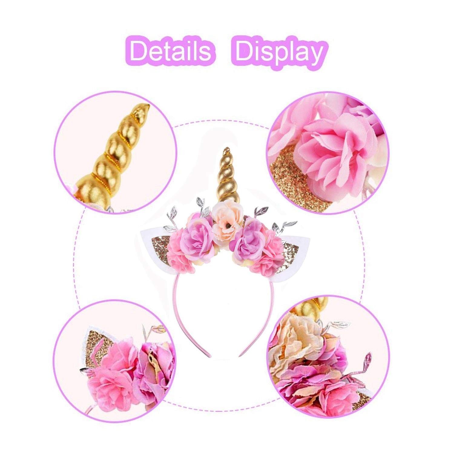 Kids Girls Unicorn Headband Gold Horn Ears Flower Headband Glitter Horn Headband Flowers Headwear Accessory for Christmas Party Cosplay Costume Birthday