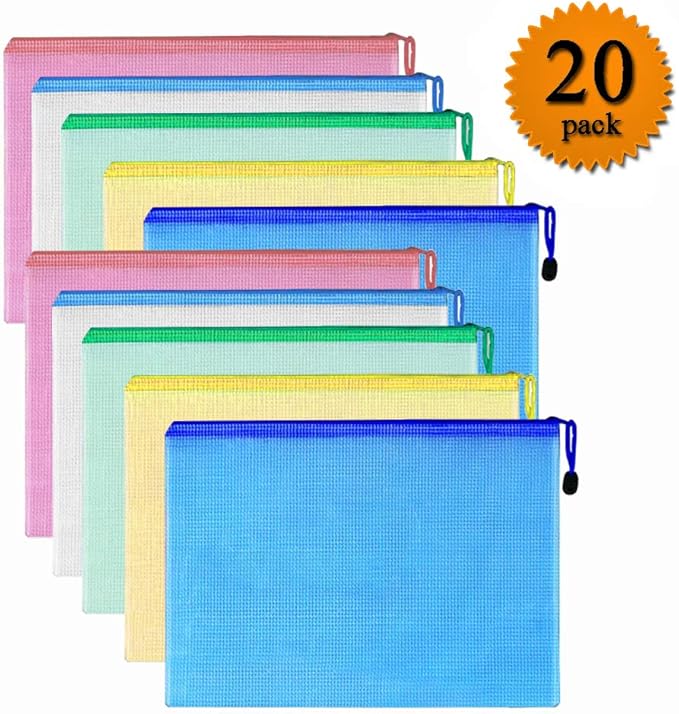 Zipper Pouch Mesh Document Bag 20Pcs A4 Zip Waterproof