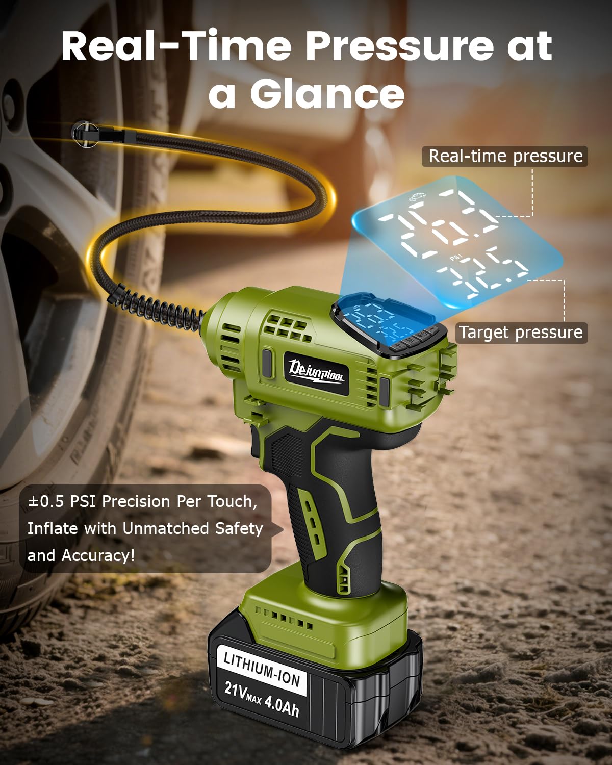 Portable Tire Inflator for Car with 2x4000Mah 21V Batteries, Runs Quiet, Auto Off, Fast Powerful Cordless Battery Powered Air Pump Compressor, Max 150Psi w/Accurate Digital Pressure Gauge