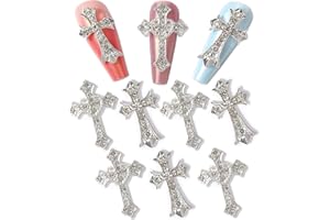 Cagzzee 3D Cross Nail Charms, Silver Crystal Cross Nail Decorations for Nail Art, 10Pcs, Metal Nail Art Rhinestones Cross Charms for DIY Designs Supplies (Silver)