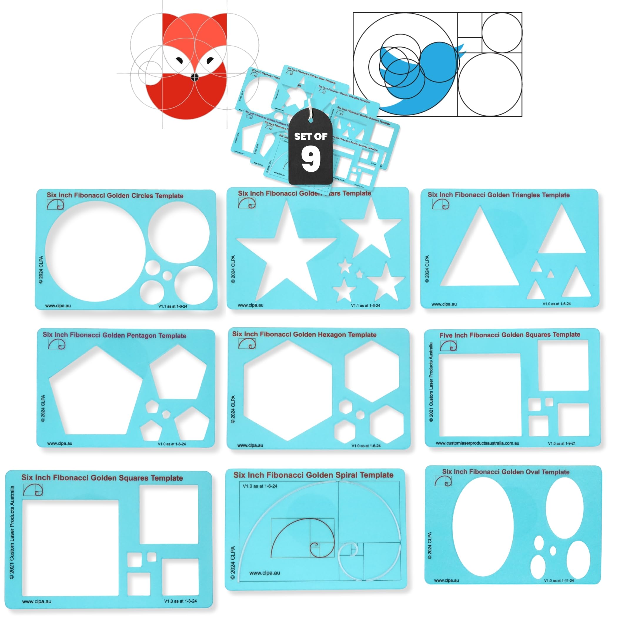 CLPA Fibonacci Full Template Set — 9 Pieces | 6" Circle, Triangle, Square, Star, Pentagon, Hexagon, Spiral, Oval | Complete Golden Ratio Drawing Tool Kit | Clear PETG | Made in Australia