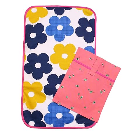 Kadambaby Cotton Diaper Changing Mat with Carry Cover for Diapers and Wipes Travel Mat is Waterproof Washable Quick Dry (Pink)