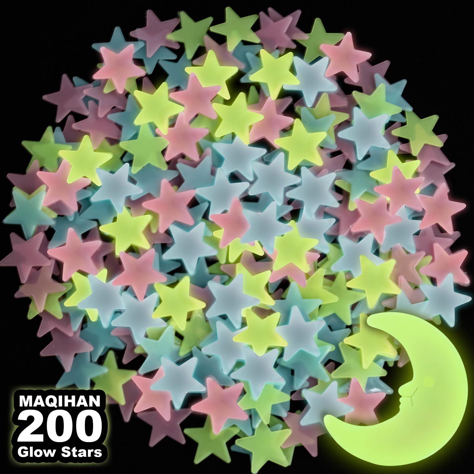 Photo 1 of MAQIHAN 200 Glow in The Dark Stars for Ceiling - Glowing Stars and Moon Stickers Estrellas que brillan en la oscuridad para el techo de cuarto Plastic Space Galaxy Decals Bedroom Wall Decorations