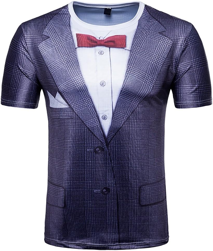 Men's Short Sleeve Fake Two Pieces Suit T Shirts Lapel Fashion Casual Shirt Printing 3D Tops Lapel Summer Clothes (Color : 1, Size : XXL)